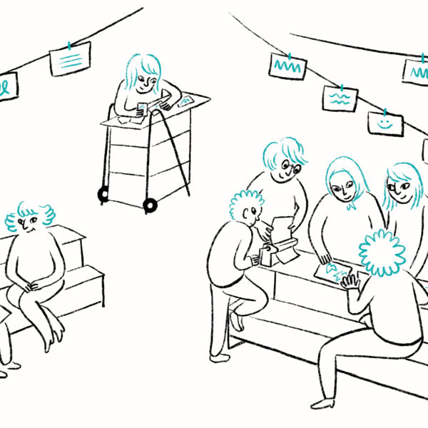 Dessin de participantes et participants autour des structures mobiles du projet.