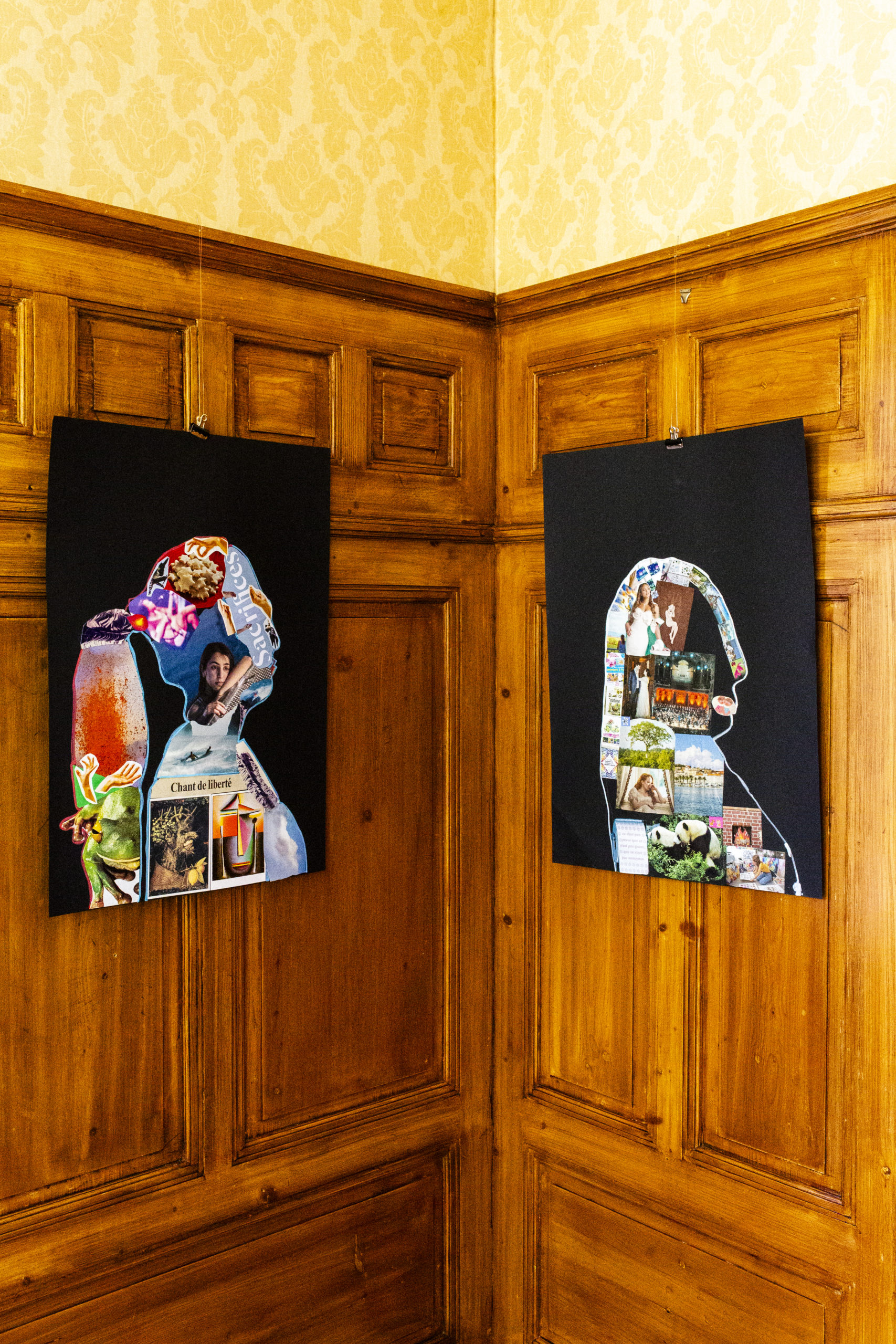 Deux grans collages affichés sur les murs réalisés par les femmes de Femmes à Bord