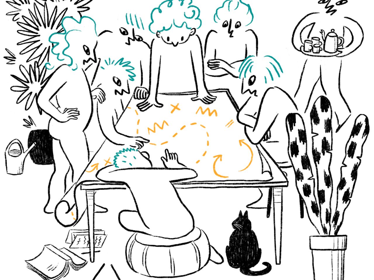 Plusieurs personnages dessinés travaillant en équipe