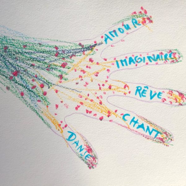 Dessin d'une main. Sur ses doigts sont écrits: amour, imaginaire, rêve, chant, danse.